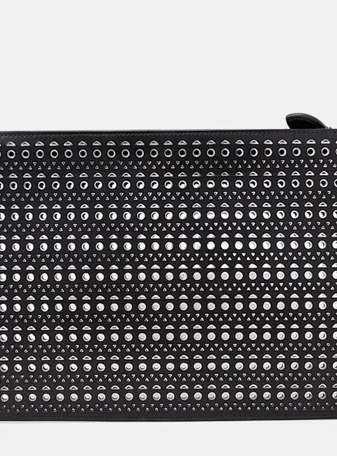Ala&iuml;a Laser Cut Studded Black Calfskin Leather Clutch Bag