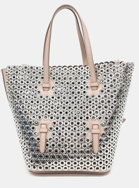 Alaia Laser-Cut Punching Beige Silver Leather and Mesh Tote and Shoulder Bag