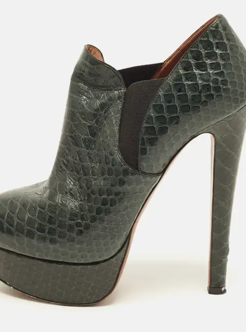 Alaia Size 38 Green Python Leather Platform Booties
