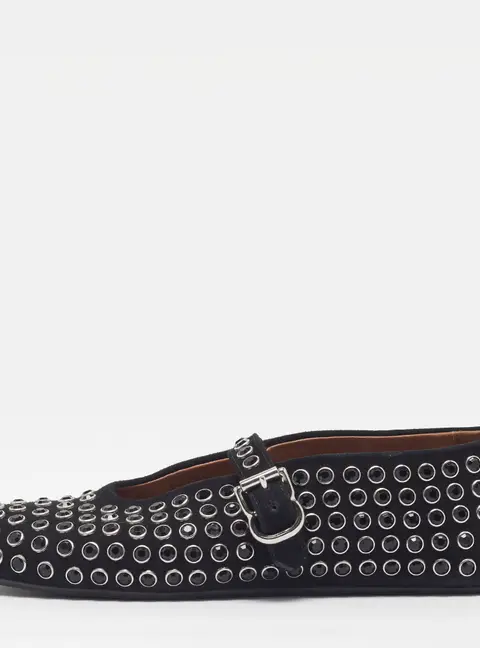 Alaia Size 38 Black Suede Crystal-Embellished Mary Jane Ballet Flats