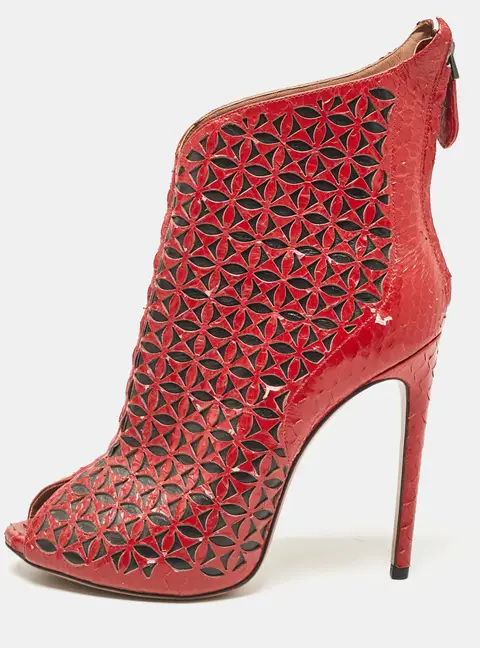 Alaia Red Laser Cut Python Peep Toe Booties Size 40