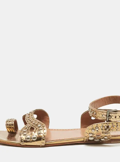 Alaia Gold Leather Embellished Ankle Strap Flat Sandals Size 37