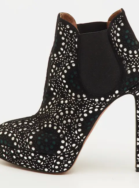 Alaia Lasercut Size 40 Black/Silver Suede Platform Ankle Length Boots