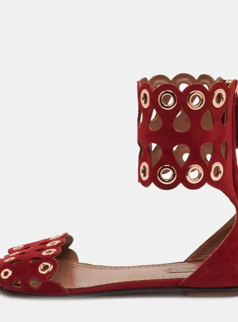 Alaia Size 36 Red Cut-Out Suede Eyelet Embellished Ankle Cuff Flats