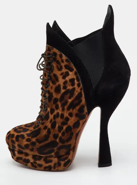 Alaia Size 36.5 Brown/Black Suede and Leopard Print Calf Hair Lace Up Platform Booties