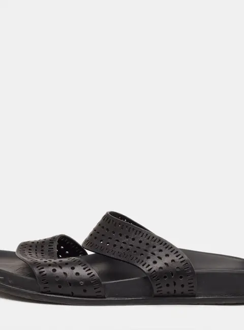 Alaia Size 37.5 Black Perforated Leather Flat Slide Sandals