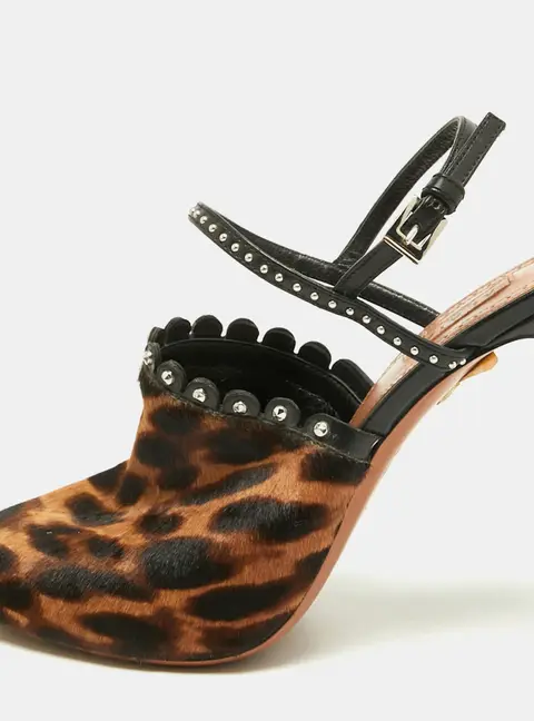 Alaia Size 37 Brown Leopard Print Calf Hair And Studded Leather Ankle Strap Sandals