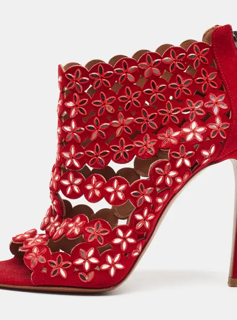 Alaia Size 36 Red Suede Laser Cut Flower Ankle Strap Sandals