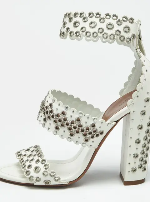 Alaia Size 38.5 White Leather Ankle Strap Grommet Heel Sandals