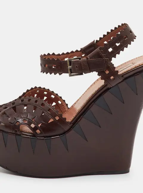 Alaia Size 36 Dark Brown Leather Platform Wedge Ankle Strap Sandals
