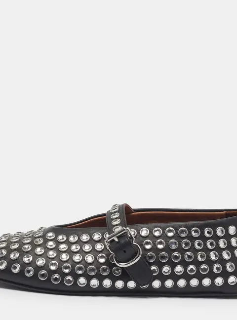Alaia Size 37 Black Leather Crystal-Embellished Mary Jane Ballet Flats
