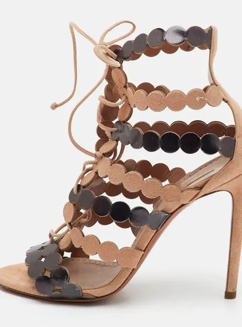 Alaia Size 38 Beige/Black Suede and Leather Laser Cut Circle Scalloped Gladiator Sandals