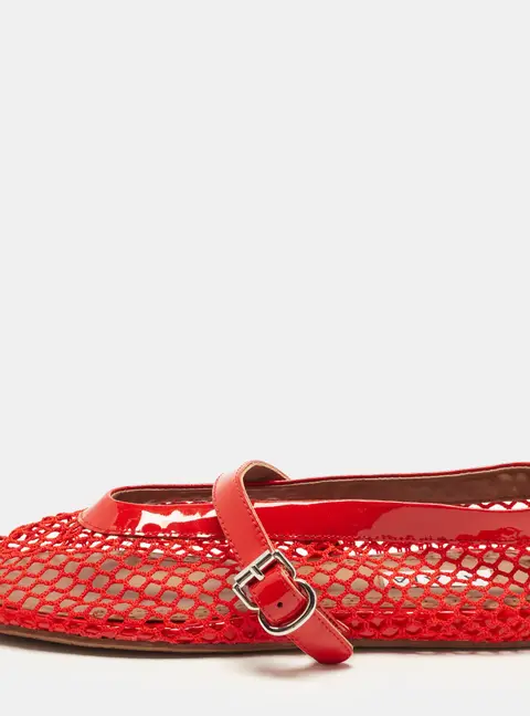 Alaia Fishnet Size 38 Red Mesh and Patent Leather Ballet Flats