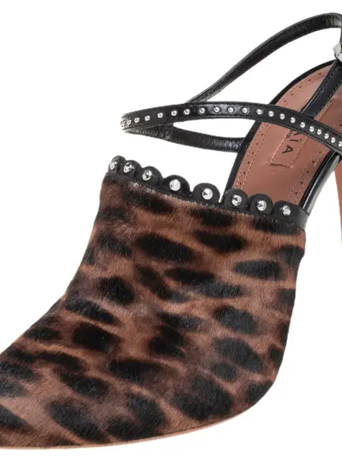 Alaia Brown Leopard Print Calf Hair And Black Studded Leather Slingback Sandals Size 37