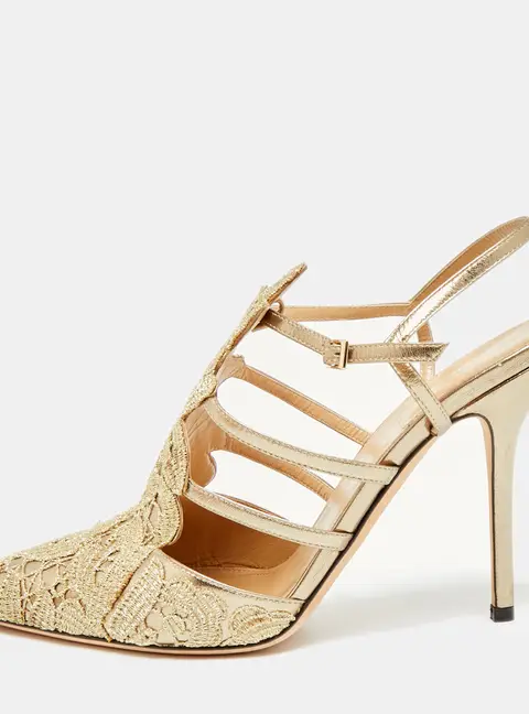 Alberto Fermani Size 40 Gold Metallic Leather and Metallic Lurex Fabric Pointed Toe Slingback Pumps