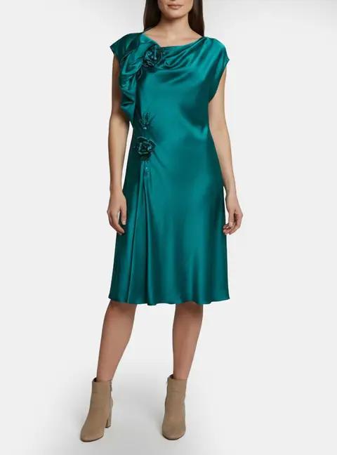 Alberta Ferretti Peacock Green Silk Floral Applique Draped Midi Dress L