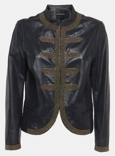 Alberta Ferretti Navy Blue Bead Embellished Leather Military Jacket M