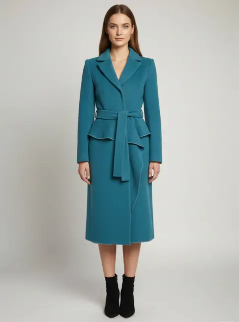 Alberta Ferretti Teal Blue Felt Belted Peplum Long Coat S