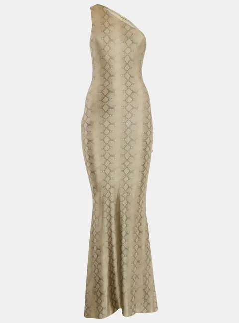 Alek Adorian Couture Beige Snake Print Jersey Asymmetric One-Shoulder Maxi Dress S