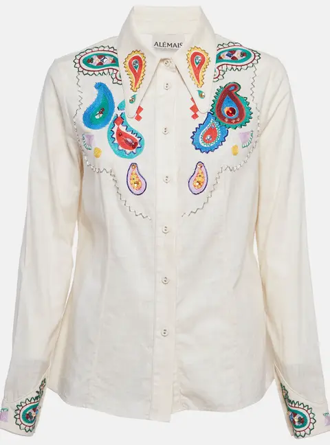 Alemais Cream Linen Embroidered Long Sleeve Shirt M