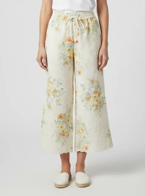 Alemais Yellow Floral Linen Wide Leg Pants S