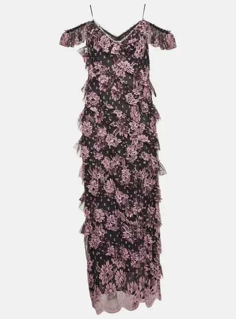 Alessandra Rich Black Floral Lace Ruffled Mid Dress M