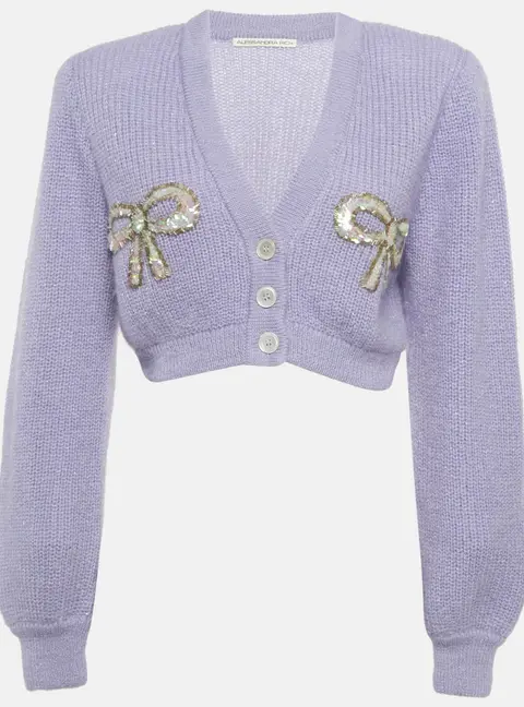 Alessandra Rich Purple Bow Embellished Wool Blend Cardigan S