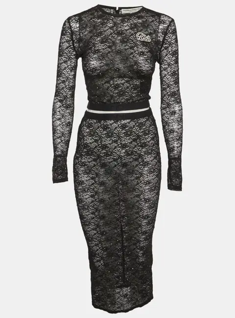 Alessandra Rich Black Rhinestone Stretch Lace Sheer Top M