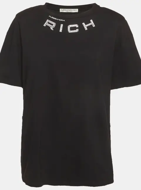 Alessandra Rich Black Cotton Logo Embellished Structured T-Shirt M