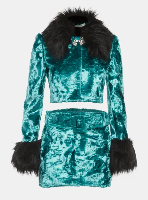Alessandra Rich Green Velvet Fur Trim Jacket and Mini Skirt Suit S