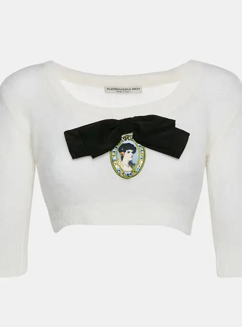 Alessandra Rich White Brushed Knit Portrait Cameo Appliqu&eacute; Crop Top S