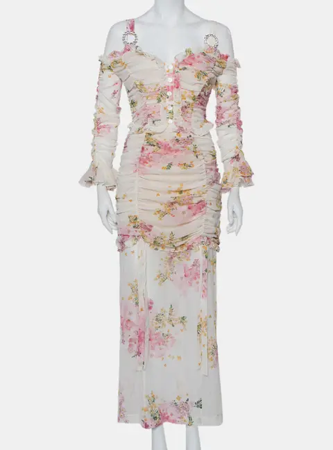 Alessandra Rich White Floral Printed Silk Ruched Cold Shoulder Maxi Dress M