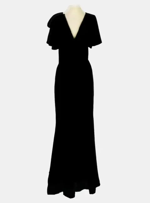 Alessandra Rich V -Neck Flutter Sleeve Black Crepe Women's Maxi Dress