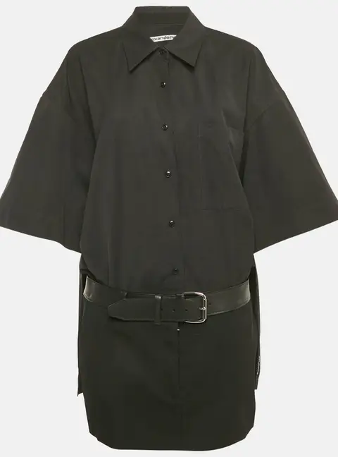 Alexander Wang Black Cotton Belted Hybrid Mini Shirt Dress L