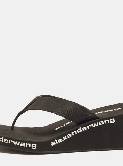 Alexander Wang Logo Print Size 39 Black Canvas Thong Wedge Sandals