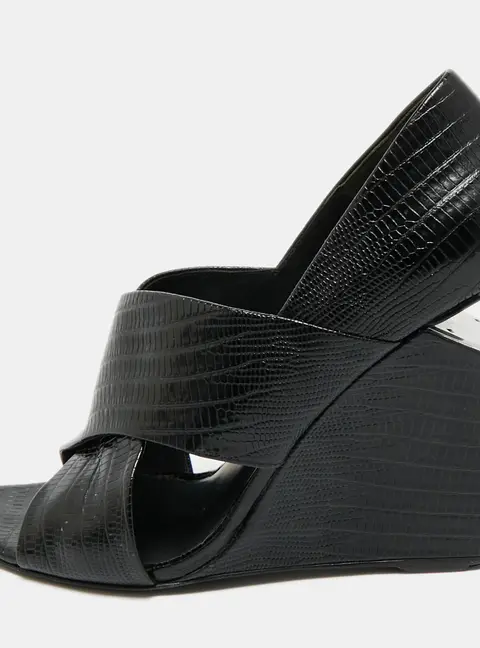 Alexander Wang Black Lizard Embossed Leather Cross Strap Wedge Sandals Size 40