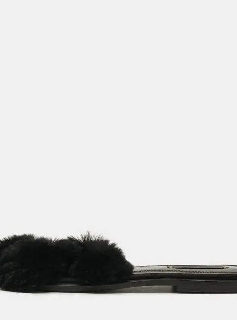 Alexander Wang Ava Size 38 Black Pom Pom Fur Flat Slides