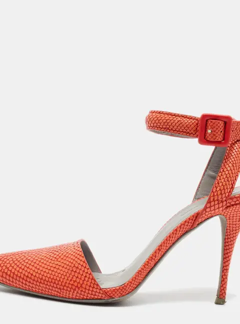 Alexander Wang Lovisa Size 37.5 Orange Lizard Embossed Leather Ankle Strap Pumps