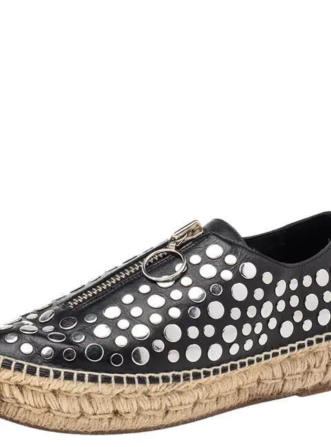 Alexander Wang Black Embellished Leather Platform Espadrille Flats Size 38
