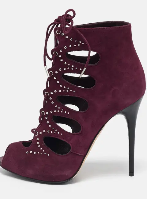 Alexander McQueen Burgundy Suede Ankle Length Studded Cut Out Ankle Boots Size 37