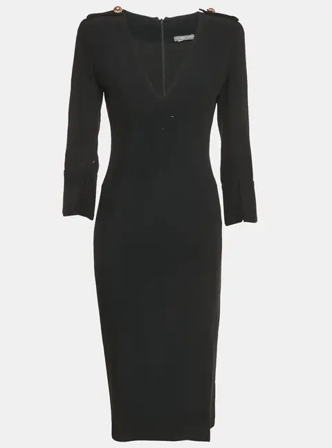 Alexander McQueen Black Crepe V-Neck Midi Dress S