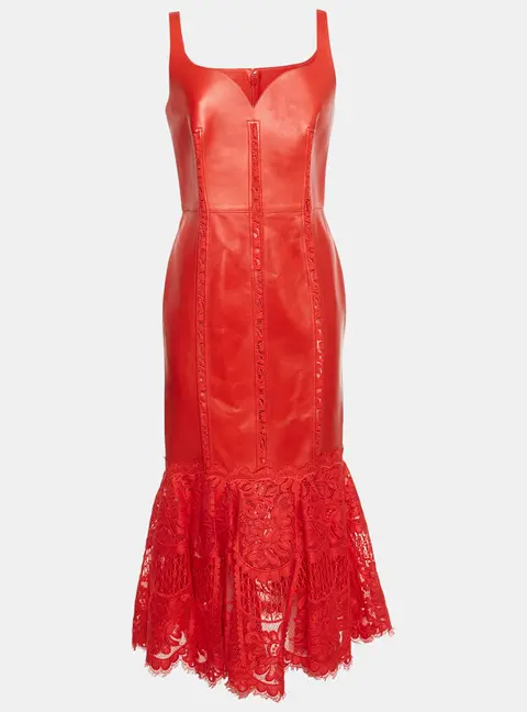 Alexander McQueen Red Leather and Lace Peplum Midi Dress M