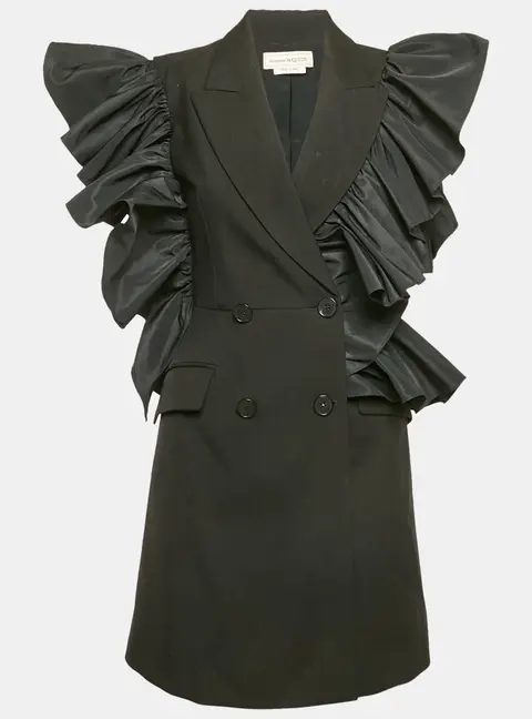 Alexander McQueen Black Wool and Ruffled Double Breasted Mini Dress S