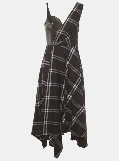 Alexander McQueen Black Check Pattern Wool Leather Corset Midi Dresses M