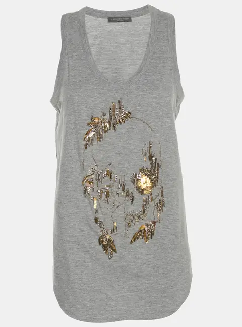 Alexander McQueen Grey Jersey Embellished Skull Motif Tank Top M