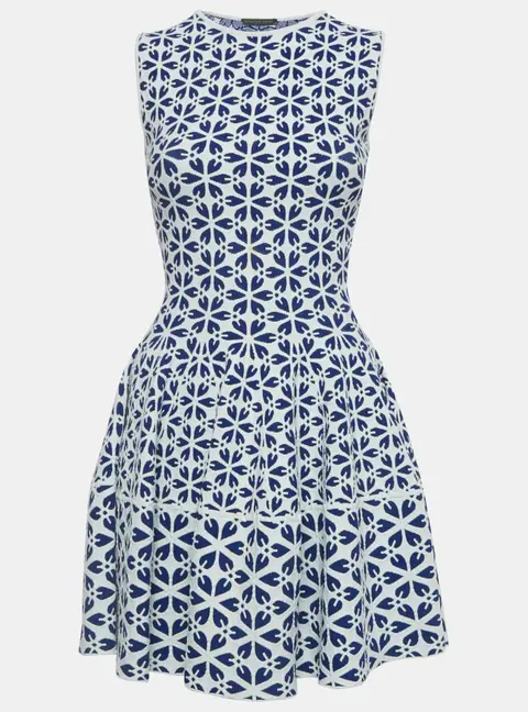 Alexander McQueen White/Blue Floral Pattern Stretch Knit Mini Dress XXS