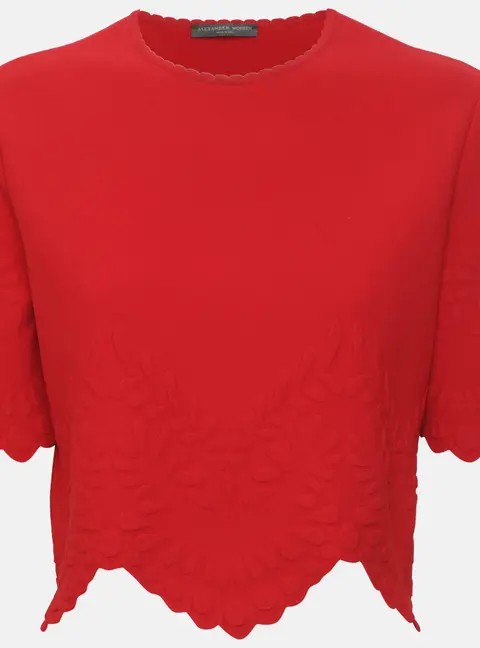 Alexander McQueen Red Textured Stretch Knit Scallop Hem Top M