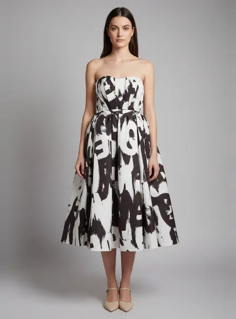 Alexander McQueen Black/White Printed Gabardine Bustier Midi Dress L