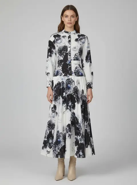 Alexander McQueen White Floral Printed Crepe Long Sleeve Midi Dress S