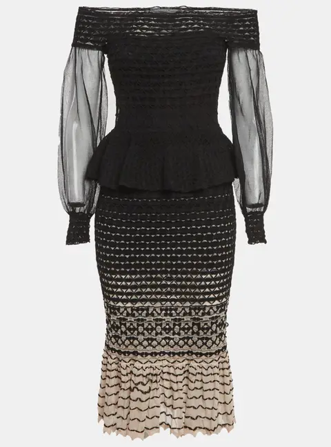 Alexander McQueen Black/Pink Stretch Tulle Off Shoulder Midi Dress S